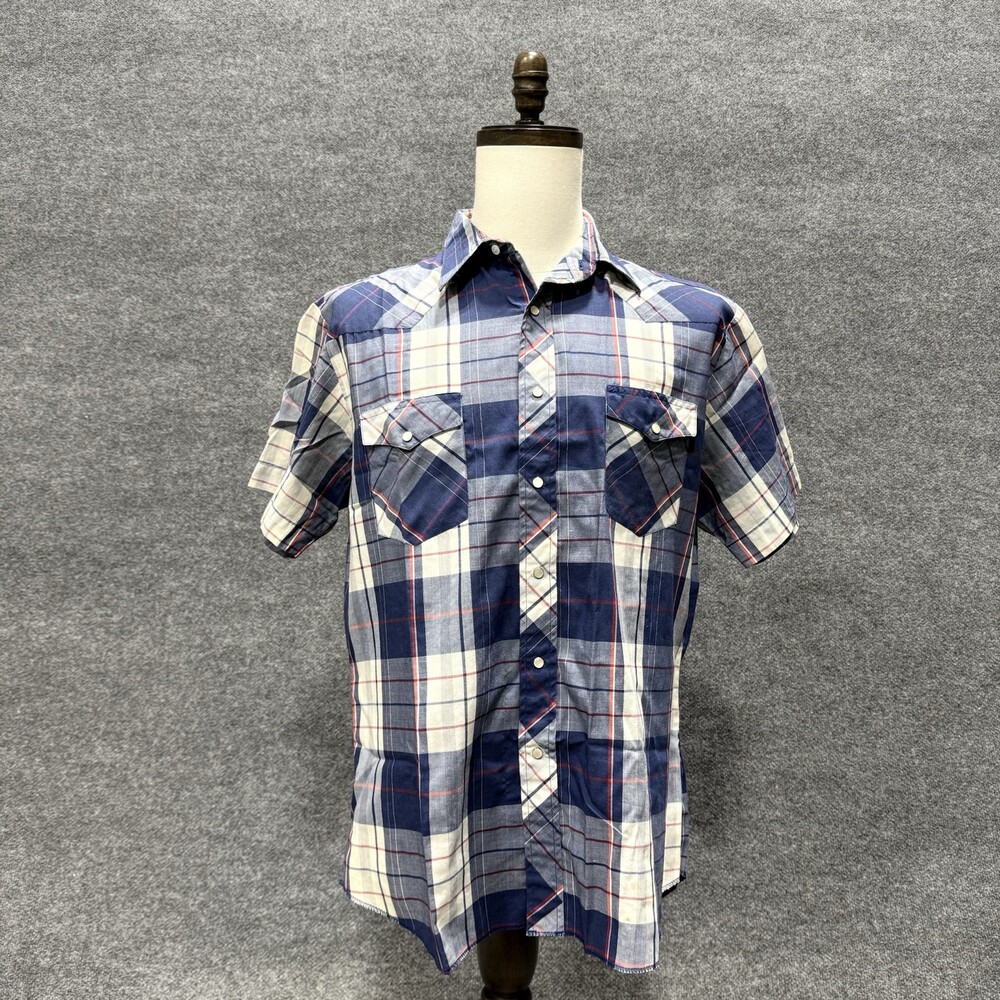Wrangler Western Shirt Mens Large Blue Plaid Pearl Snap Short Sleeve Cowboy